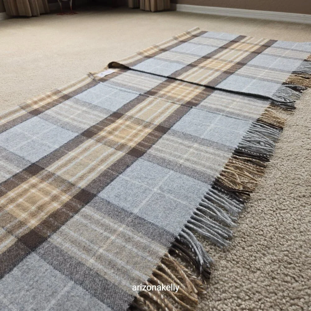 NWOT Bronte By Moon Merino Wool Wrap Plaid Tan Brown & Grey
